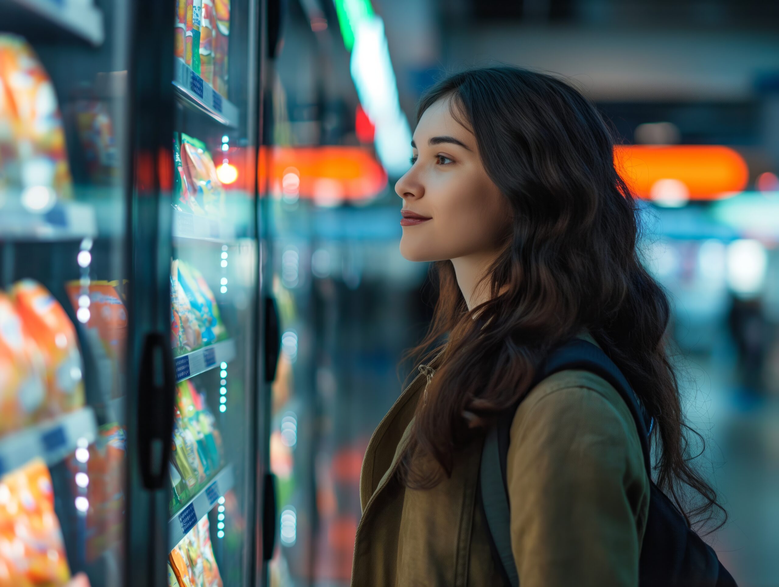 A woman is looking at a vending machine in a store