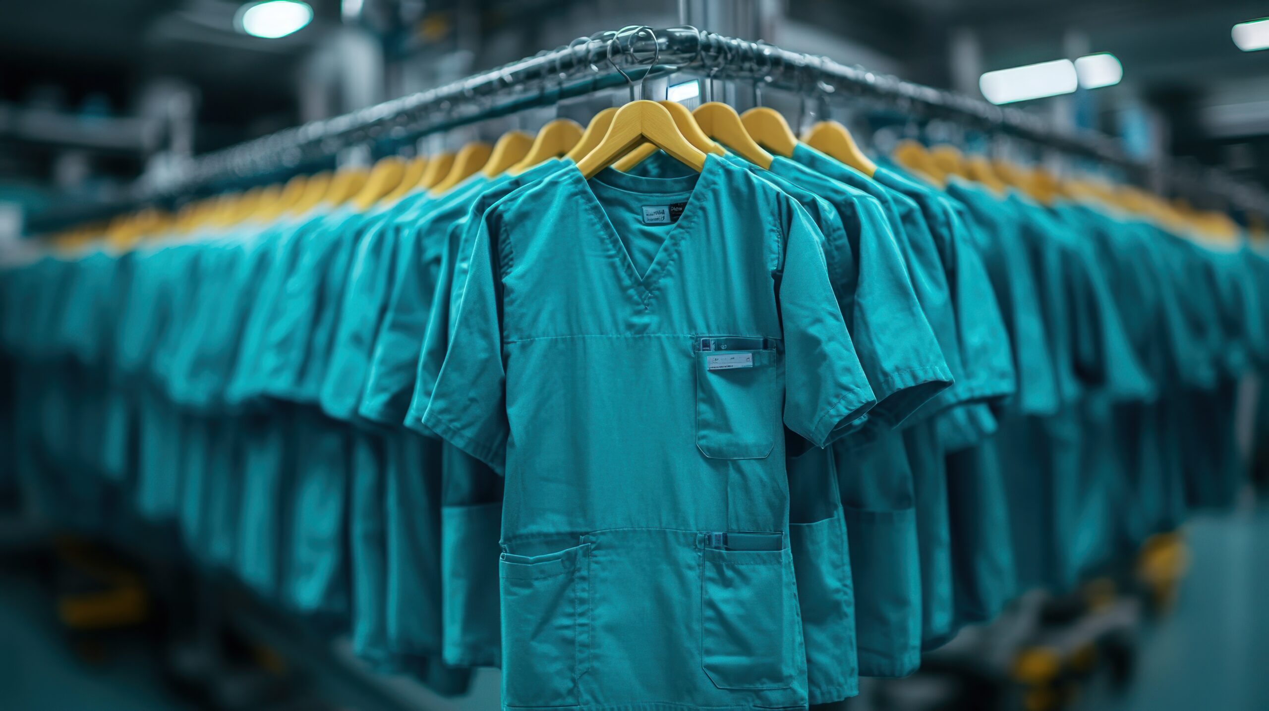 Rows of teal medical scrubs on hangers.